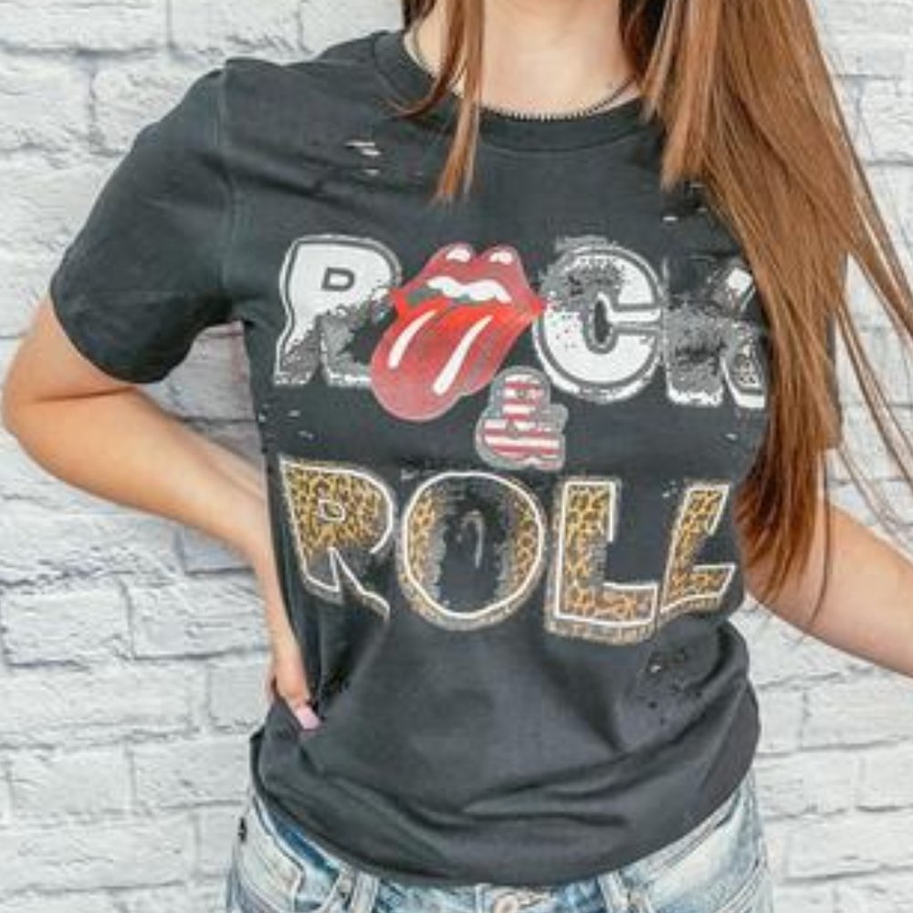 DISTRESSED CROP ROCK & ROLL Graphic Tee - Picture 1 of 6